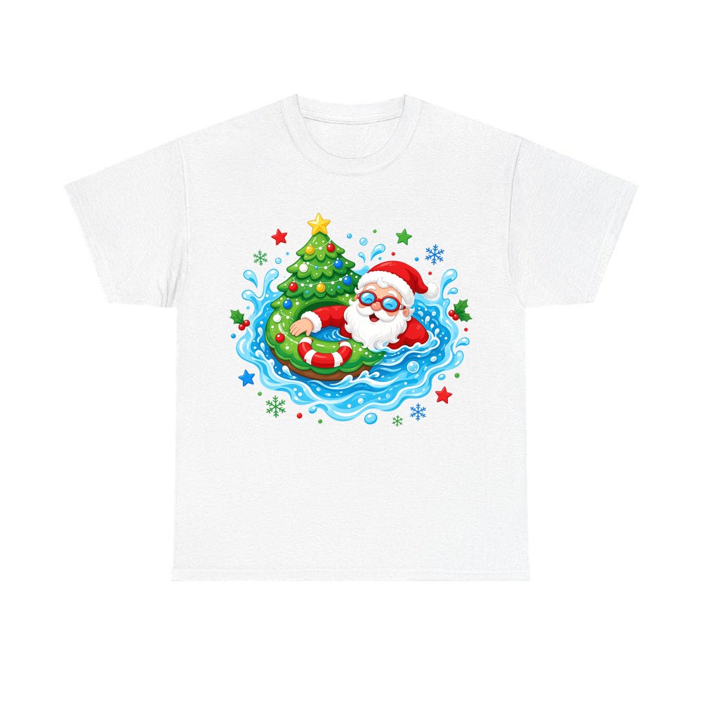 Santa Pool Float Christmas personalised Christmas T-shirt in white