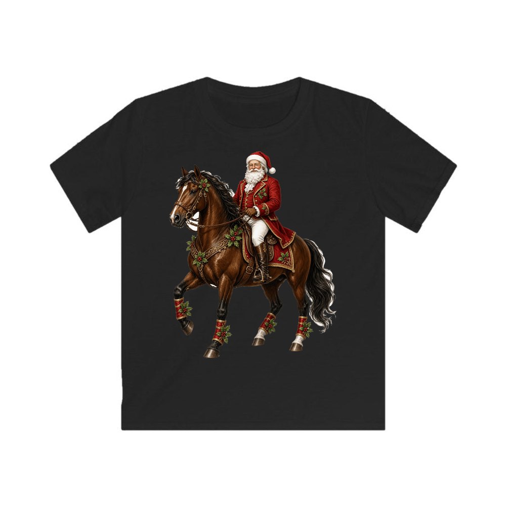 Santa Riding a Brown Horse personalised kids Christmas tee in black