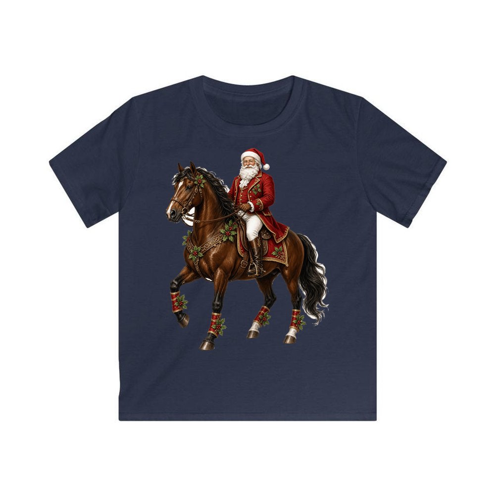 Santa Riding a Brown Horse personalised kids Christmas tee in navy