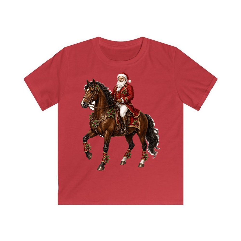 Santa Riding a Brown Horse personalised kids Christmas tee in red