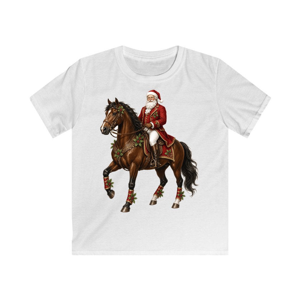 Santa Riding a Brown Horse personalised kids Christmas tee in white