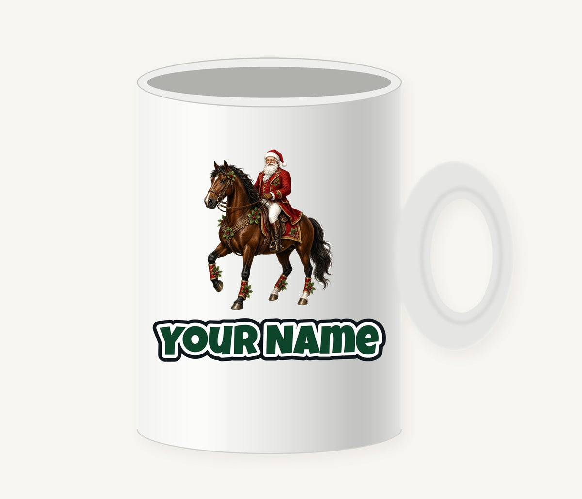 Santa Riding a Brown Horse Personalised Christmas Mug