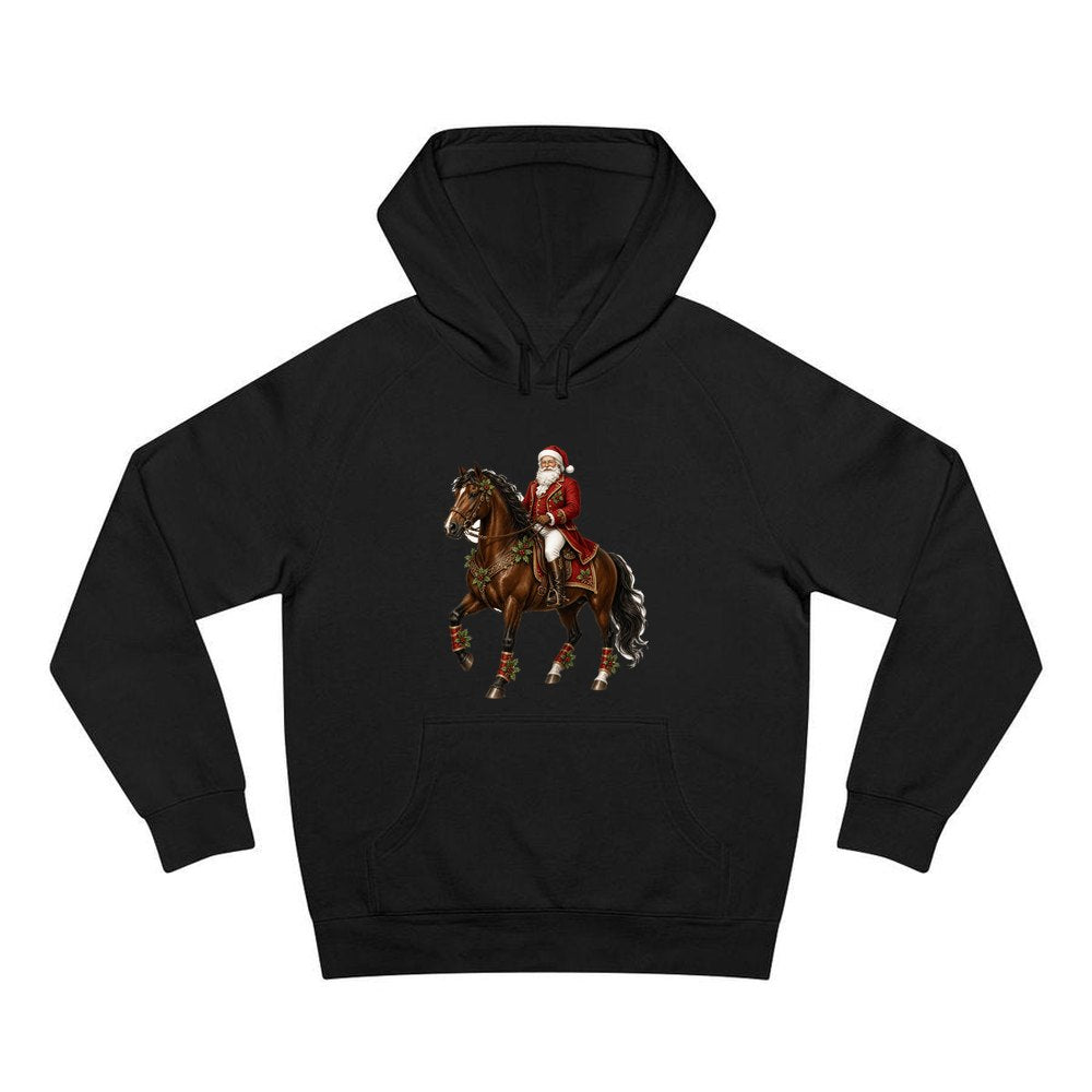 Santa Riding a Brown Horse personalised Christmas hoodie in black