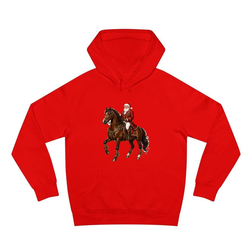 Santa Riding a Brown Horse personalised Christmas hoodie in red