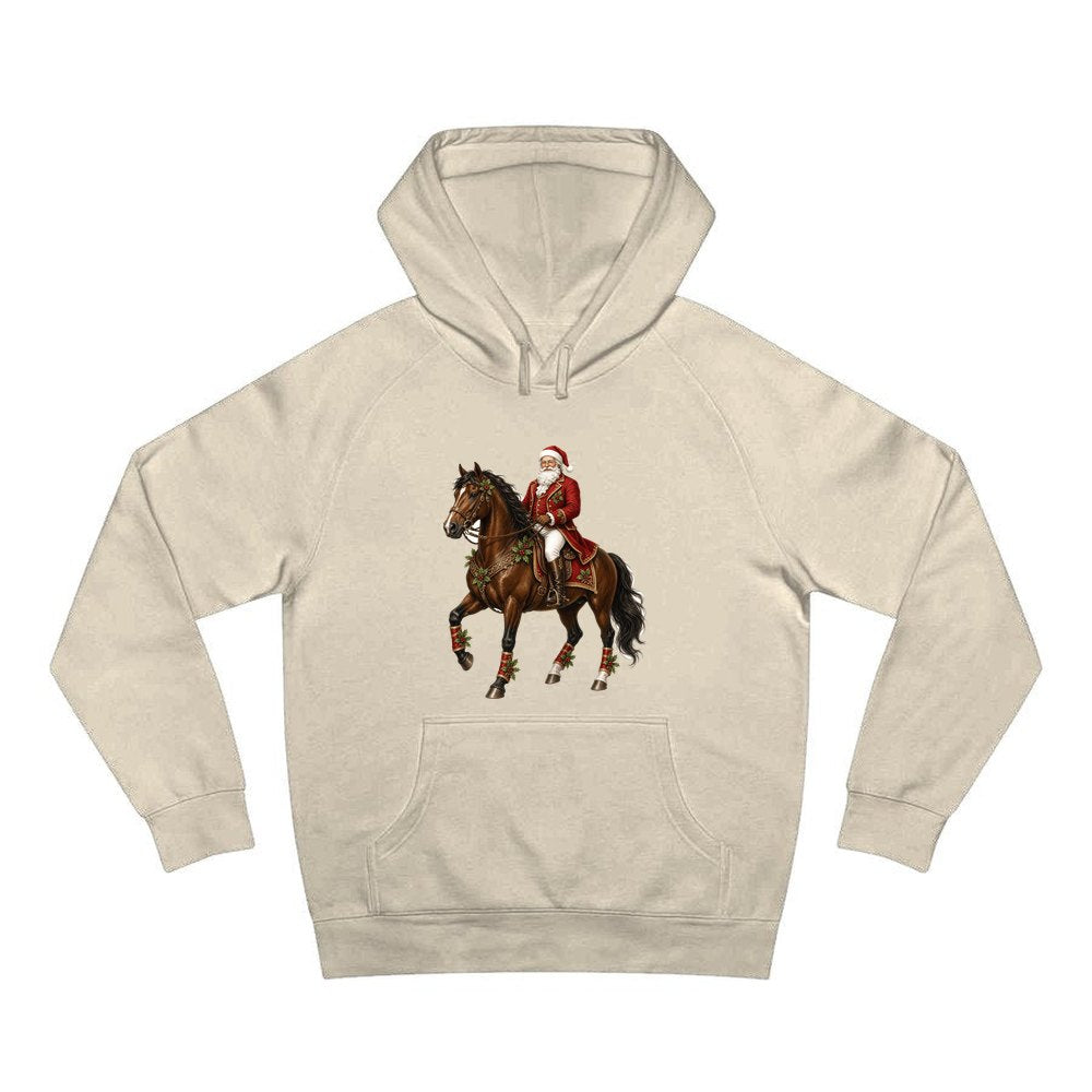 Santa Riding a Brown Horse personalised Christmas hoodie in sand