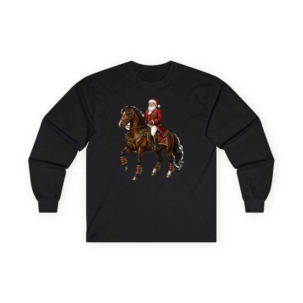 Santa Riding a Brown Horse personalised long sleeve Christmas T-shirt in black
