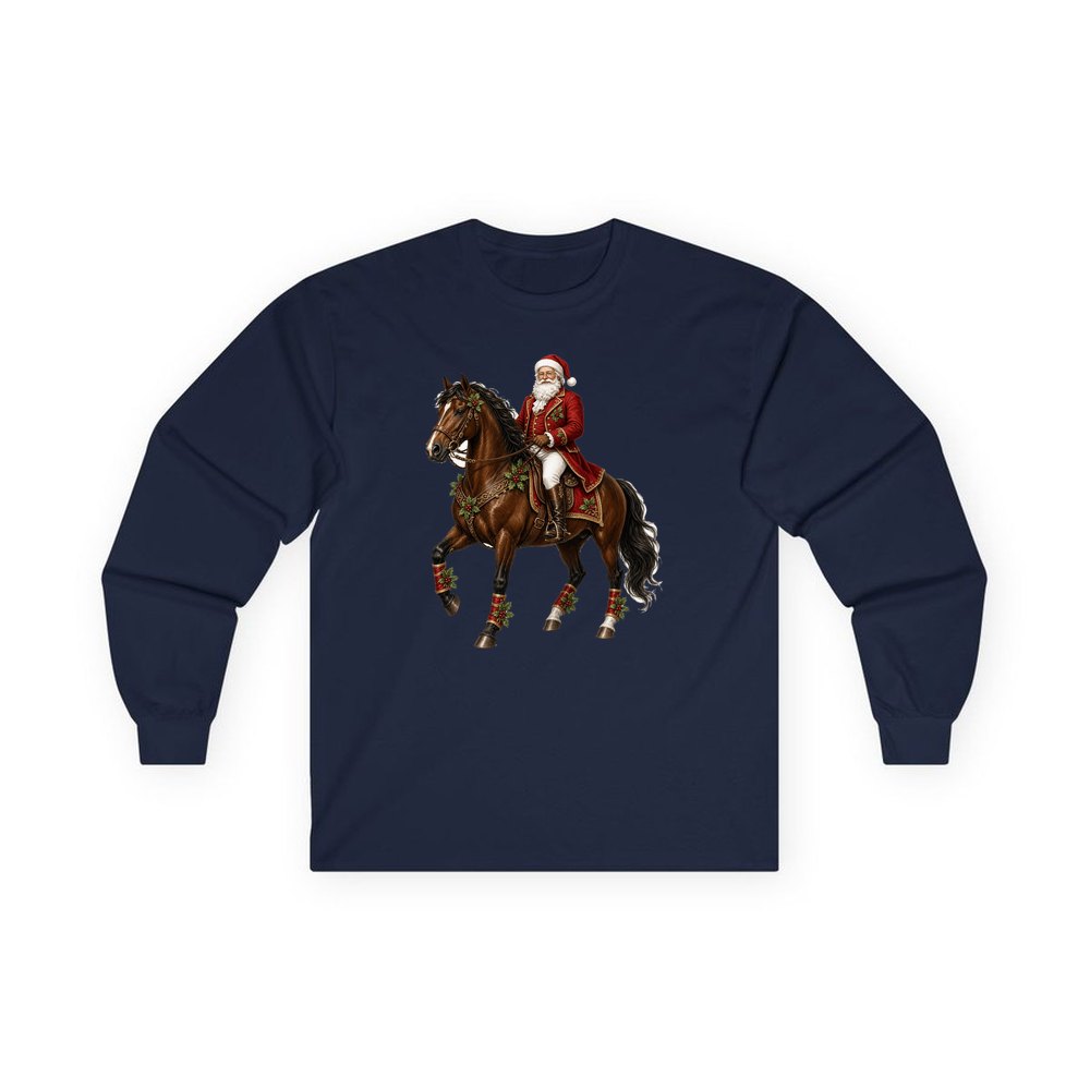 Santa Riding a Brown Horse personalised long sleeve Christmas T-shirt in navy