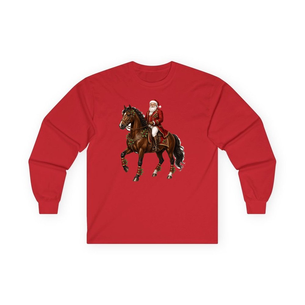Santa Riding a Brown Horse personalised long sleeve Christmas T-shirt in red