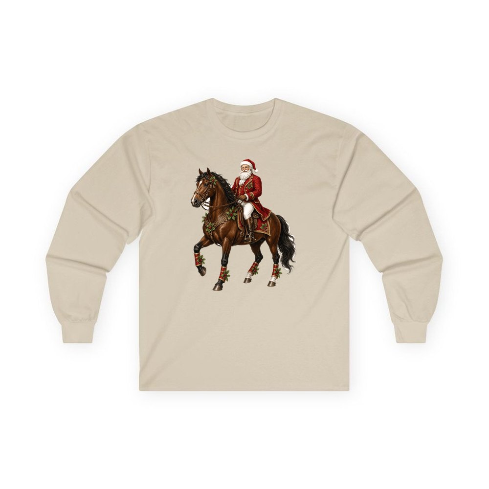 Santa Riding a Brown Horse personalised long sleeve Christmas T-shirt in sand