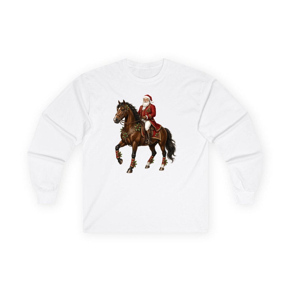 Santa Riding a Brown Horse personalised long sleeve Christmas T-shirt in white