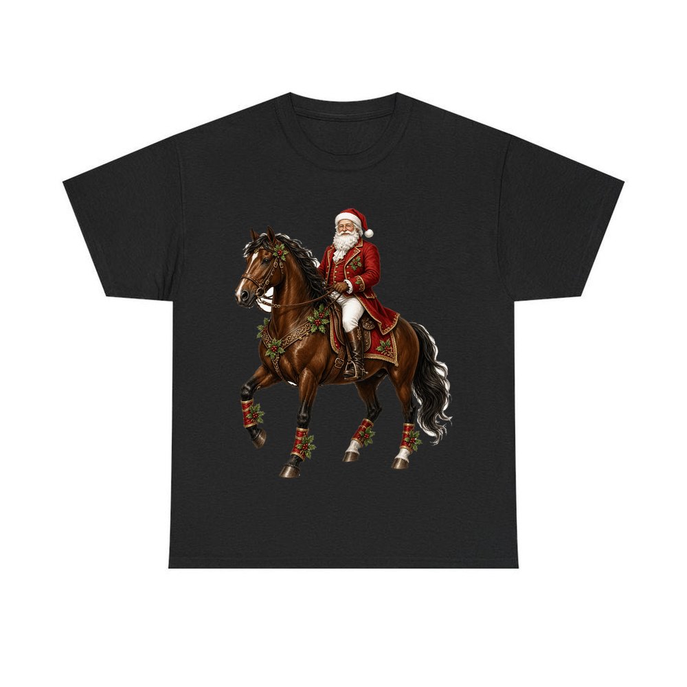 Santa Riding a Brown Horse personalised Christmas T-shirt in black