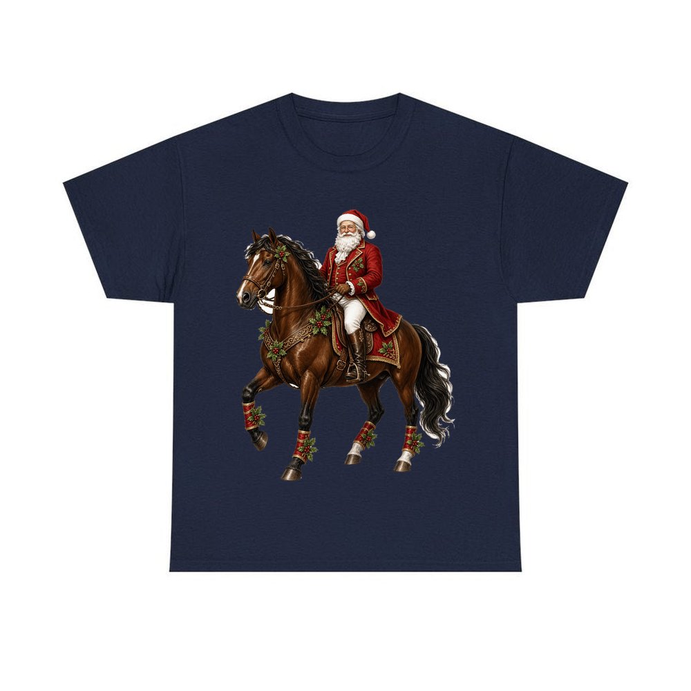 Santa Riding a Brown Horse personalised Christmas T-shirt in navy