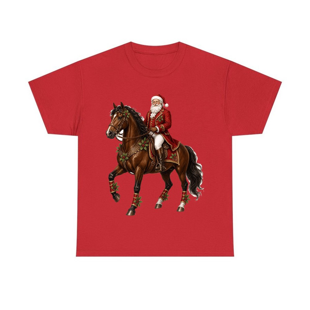 Santa Riding a Brown Horse personalised Christmas T-shirt in red