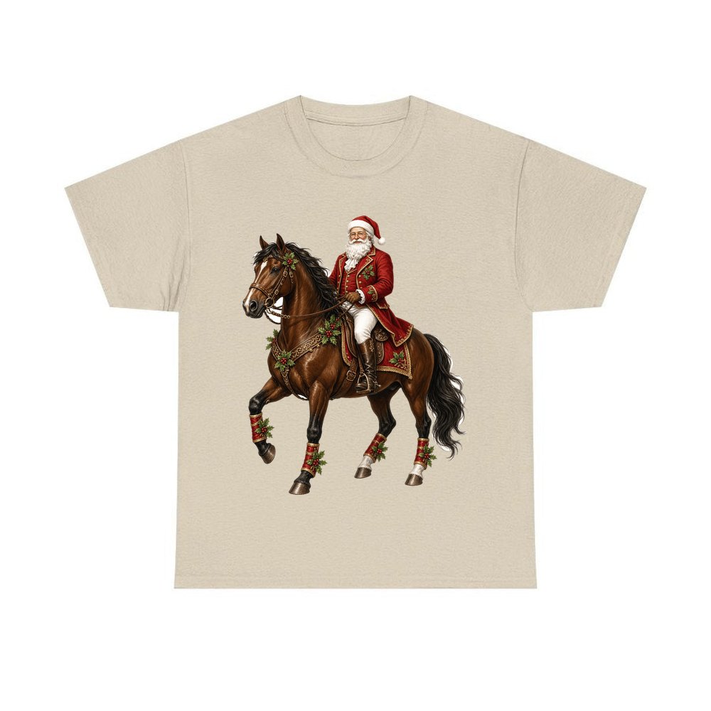 Santa Riding a Brown Horse personalised Christmas T-shirt in sand