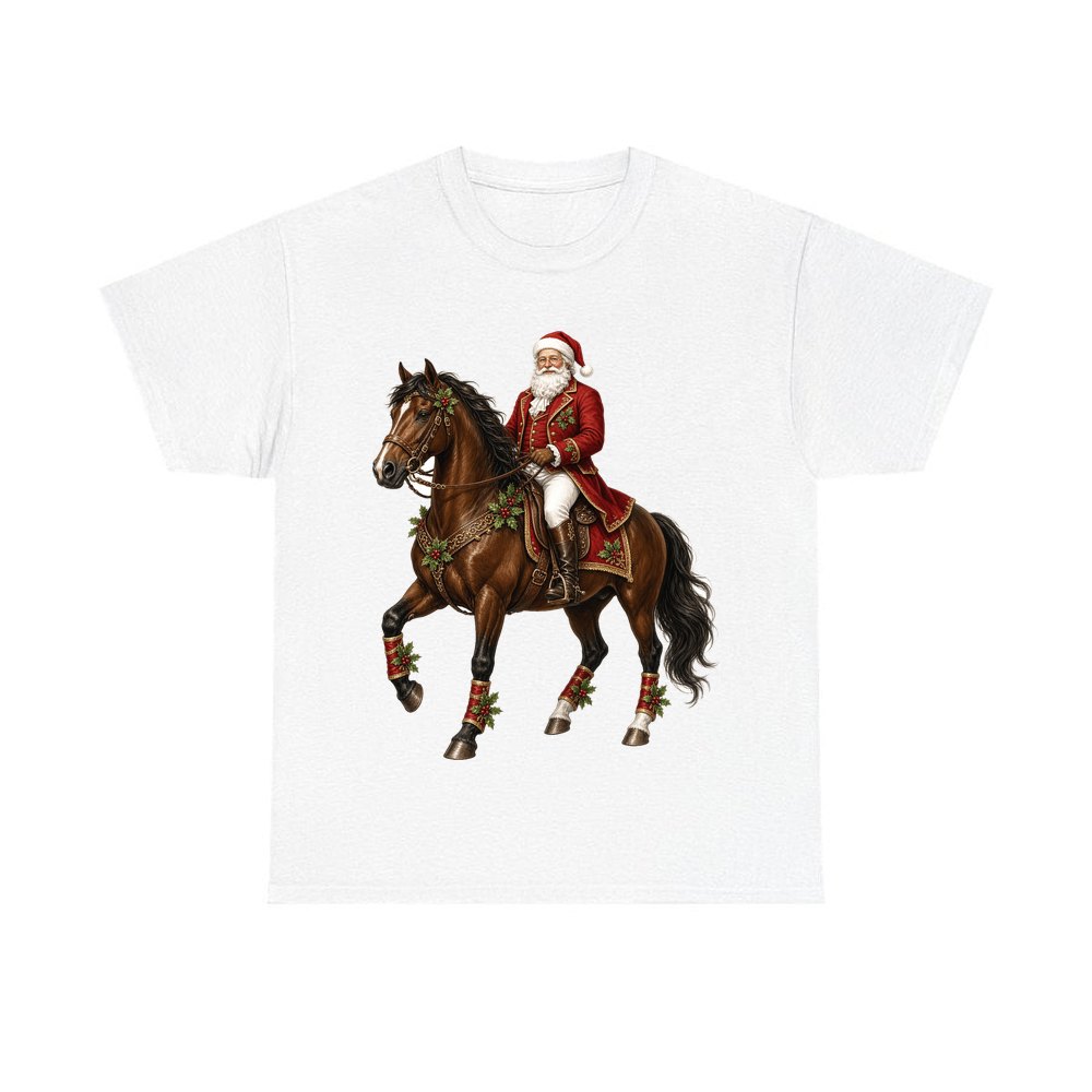 Santa Riding a Brown Horse personalised Christmas T-shirt in white