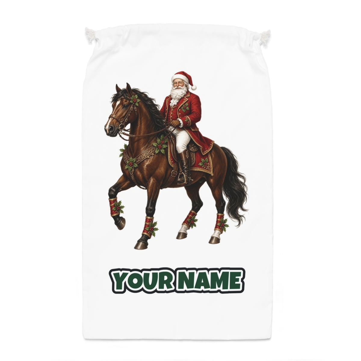 Santa Riding a Brown Horse Santa sack laid flat, showing the full print