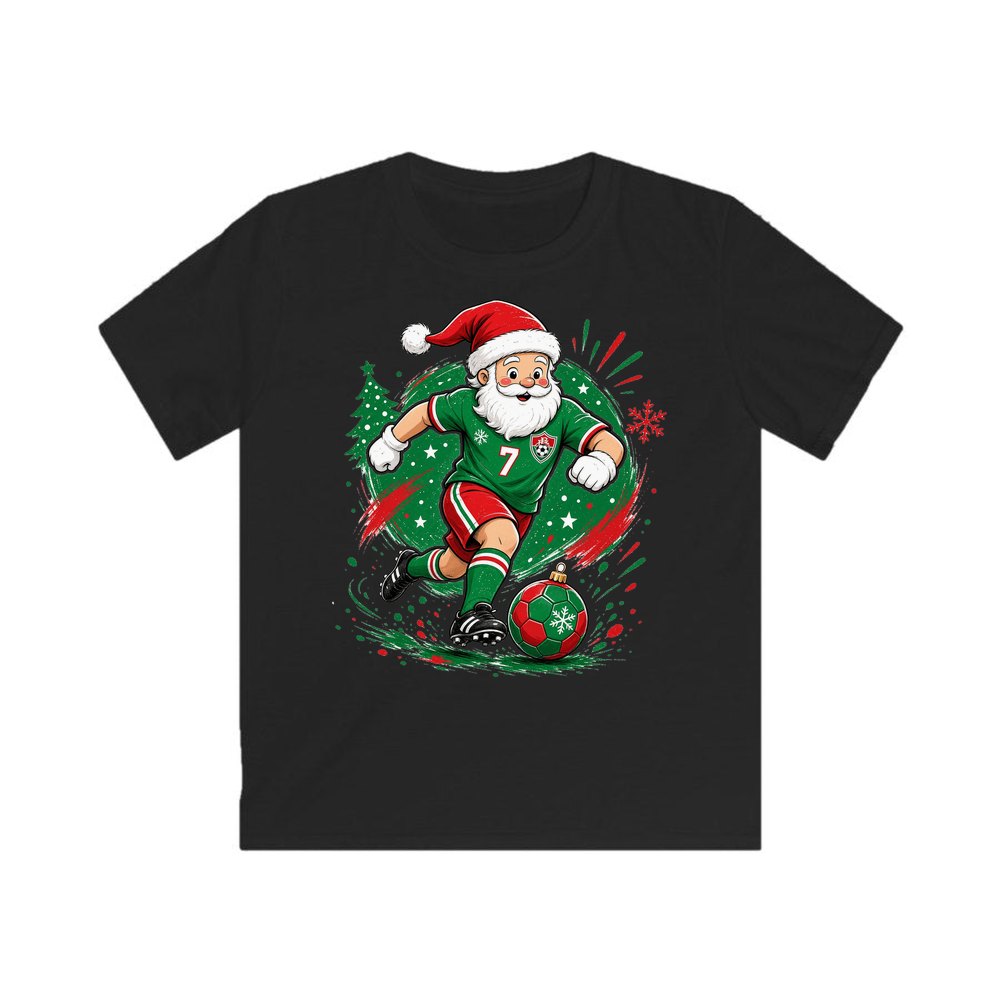 Santa Soccer Striker personalised kids Christmas tee in black