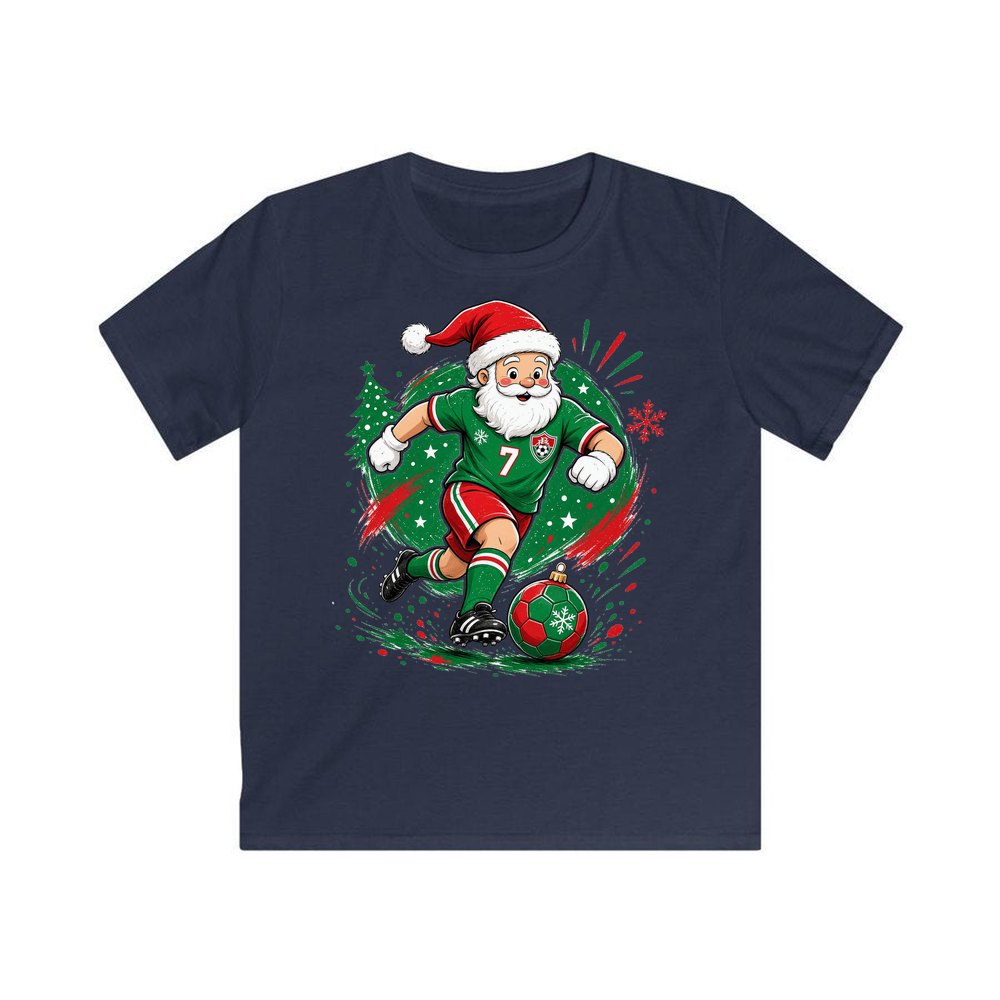 Santa Soccer Striker personalised kids Christmas tee in navy
