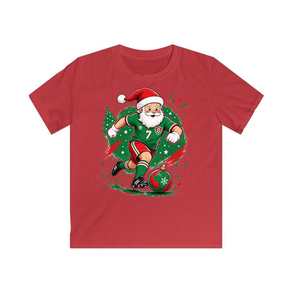 Santa Soccer Striker personalised kids Christmas tee in red