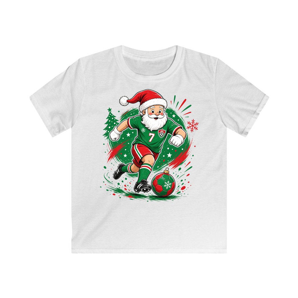 Santa Soccer Striker personalised kids Christmas tee in white