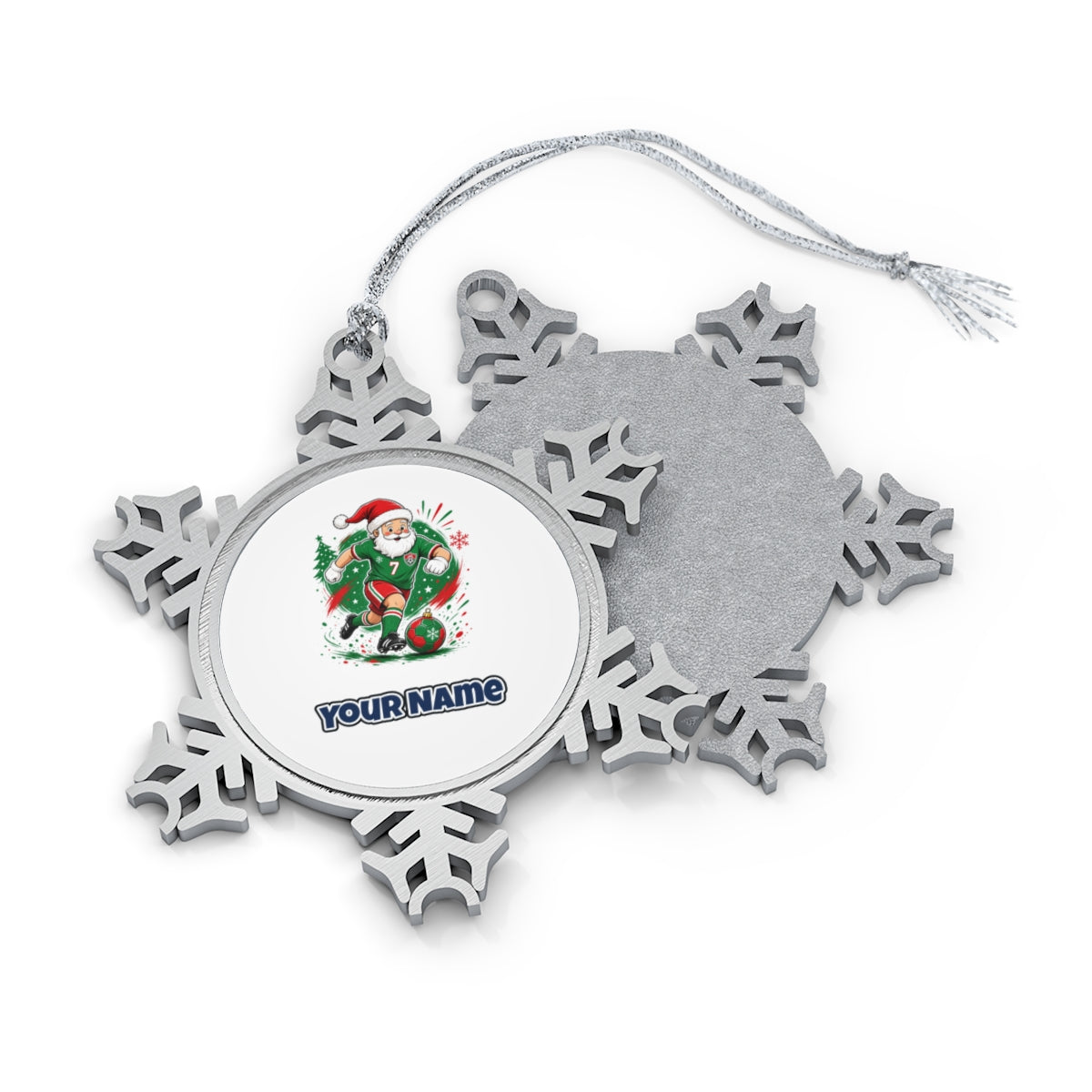 Santa Soccer Striker personalised pewter snowflake Christmas ornament, front and back, with a name under the design