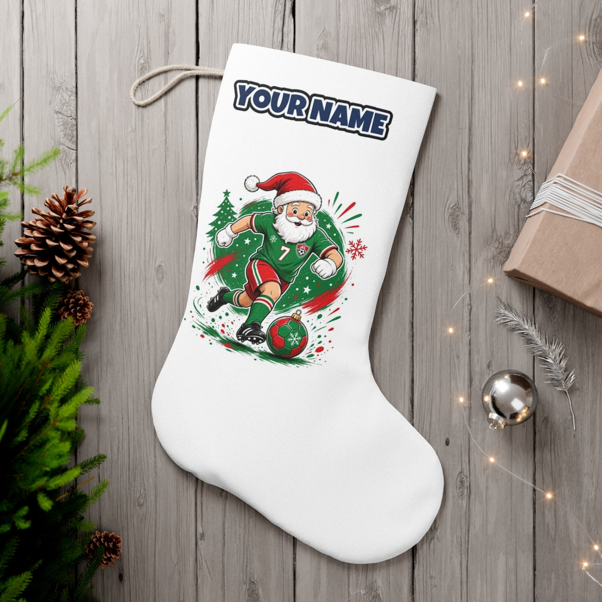 Santa Soccer Striker personalised Christmas stocking, white, with the name across the top