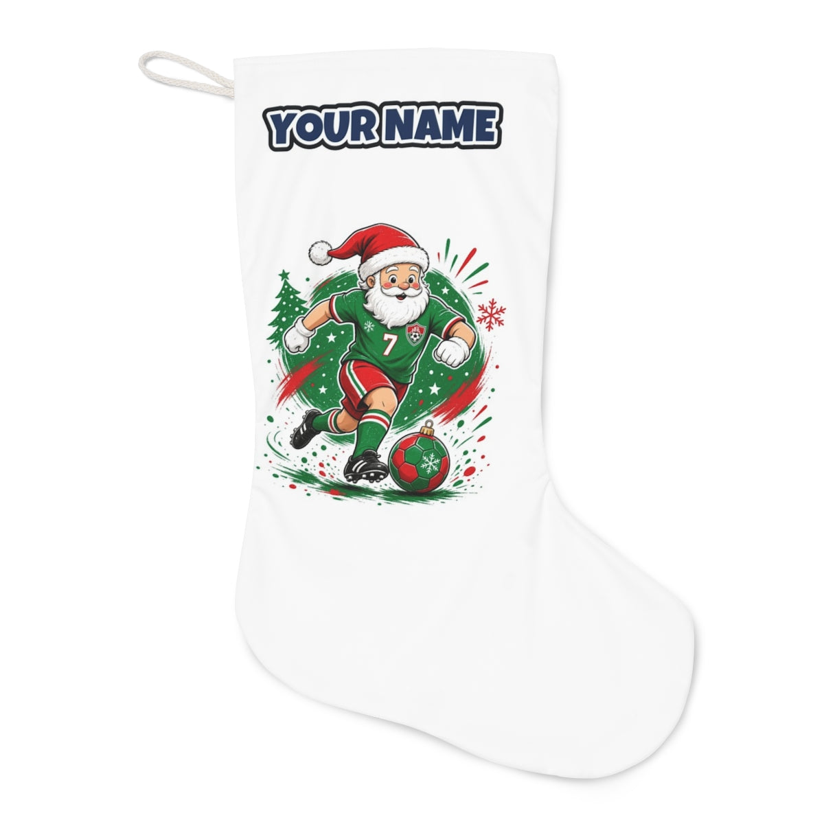 Santa Soccer Striker Christmas stocking laid flat, showing the full print
