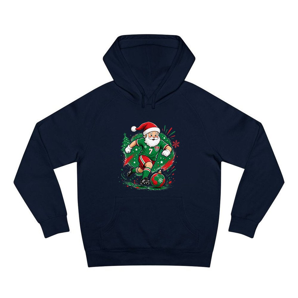 Santa Soccer Striker personalised Christmas hoodie in navy