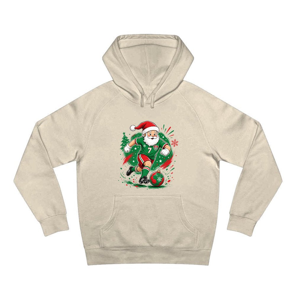 Santa Soccer Striker personalised Christmas hoodie in sand