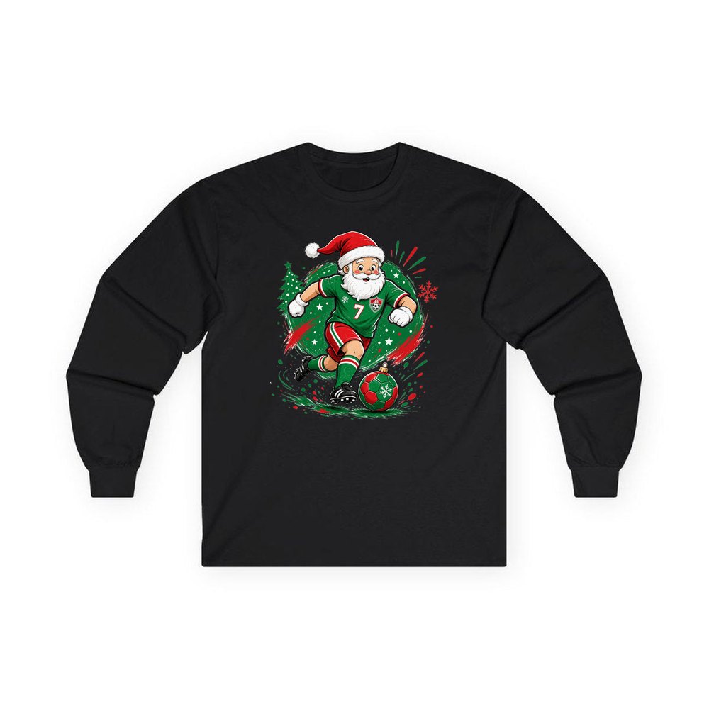 Santa Soccer Striker personalised long sleeve Christmas T-shirt in black
