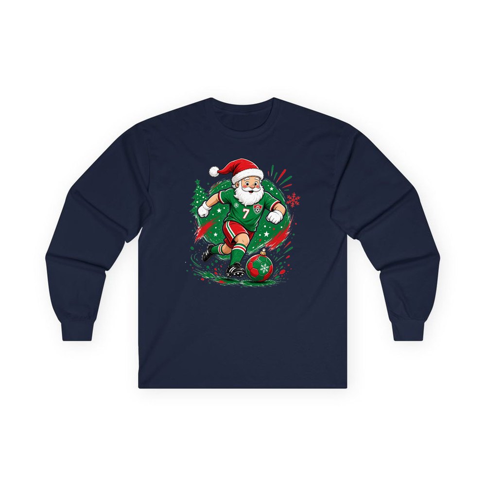 Santa Soccer Striker personalised long sleeve Christmas T-shirt in navy