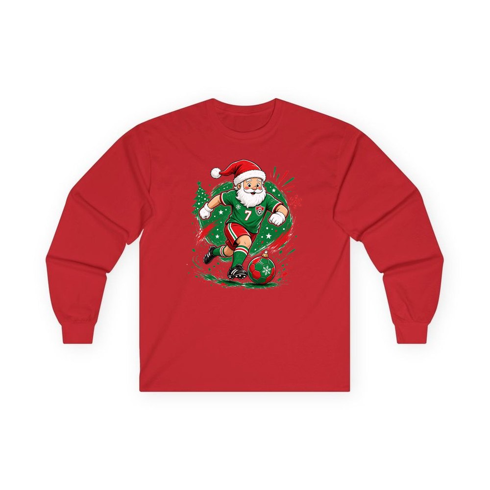 Santa Soccer Striker personalised long sleeve Christmas T-shirt in red