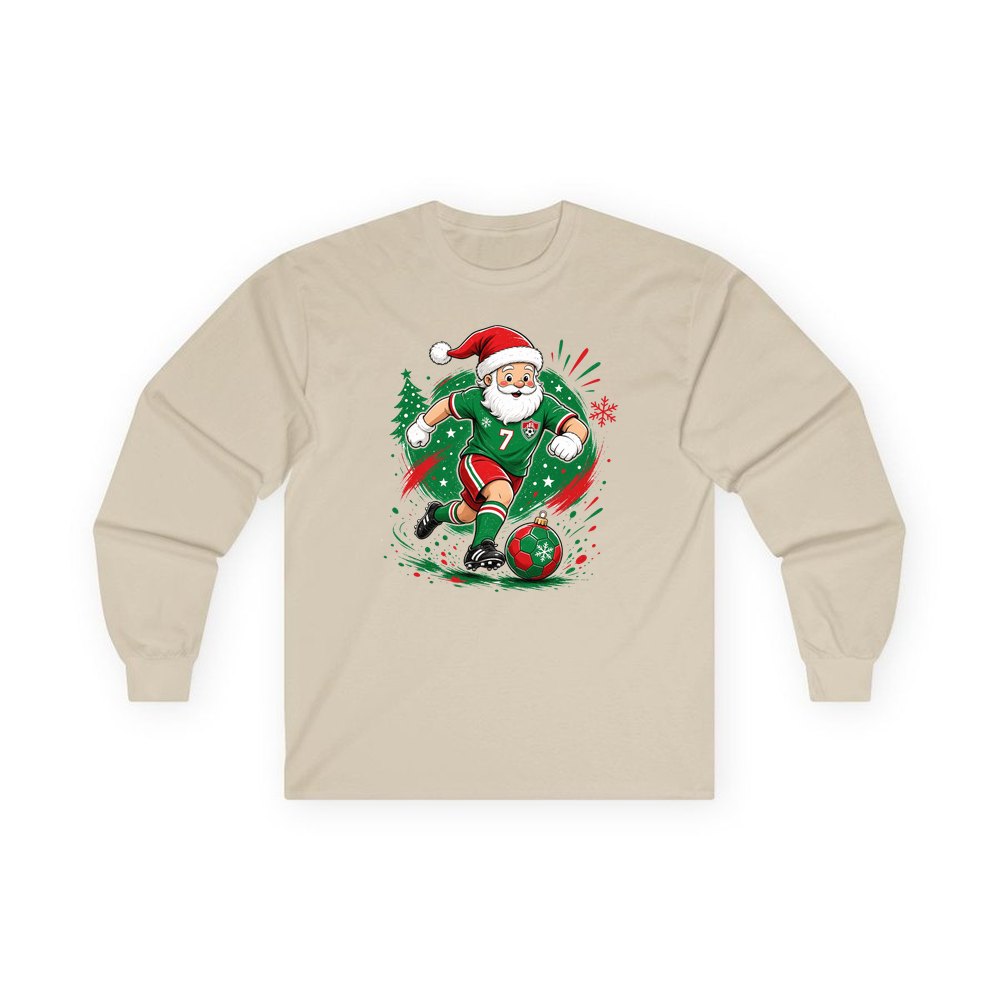 Santa Soccer Striker personalised long sleeve Christmas T-shirt in sand