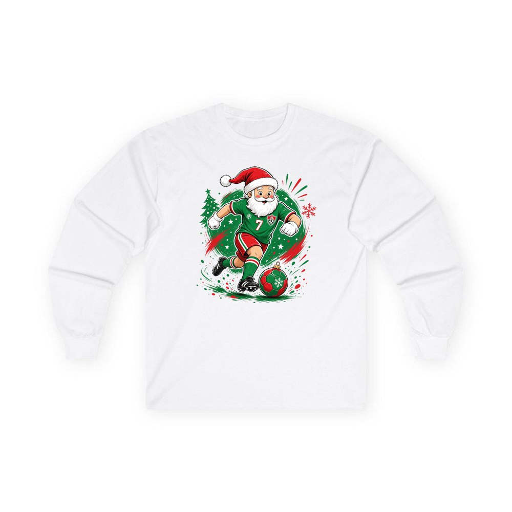 Santa Soccer Striker personalised long sleeve Christmas T-shirt in white