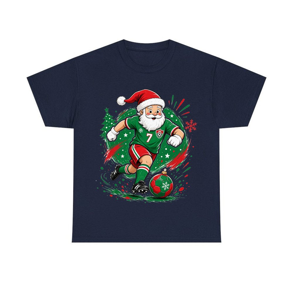 Santa Soccer Striker personalised Christmas T-shirt in navy