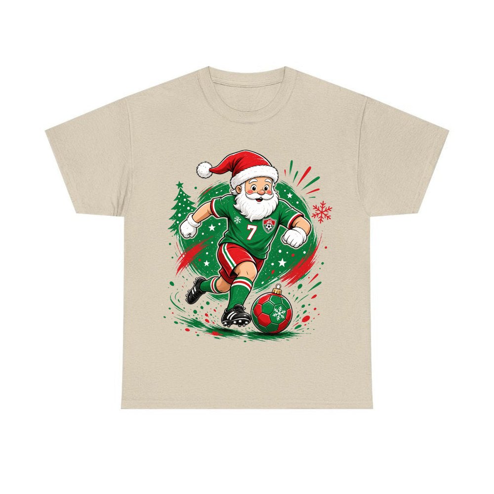 Santa Soccer Striker personalised Christmas T-shirt in sand