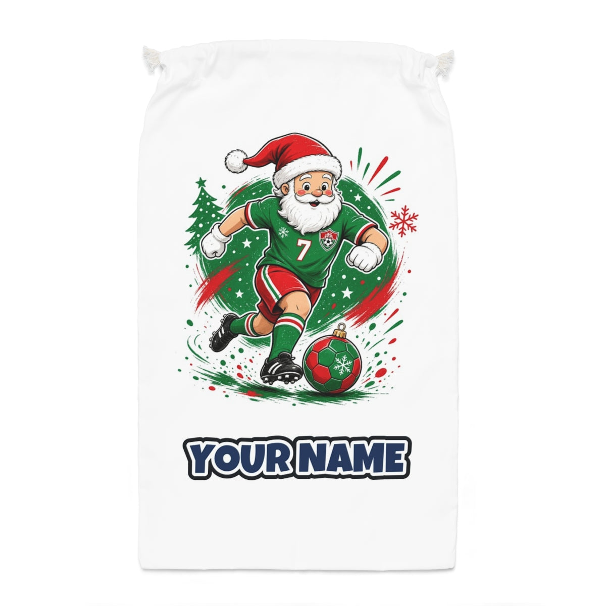 Santa Soccer Striker Santa sack laid flat, showing the full print