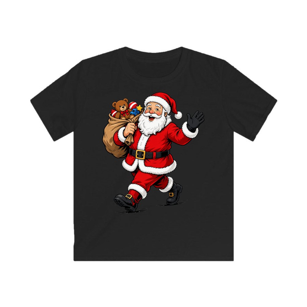Santa with His Toy Sack personalised kids Christmas tee in black