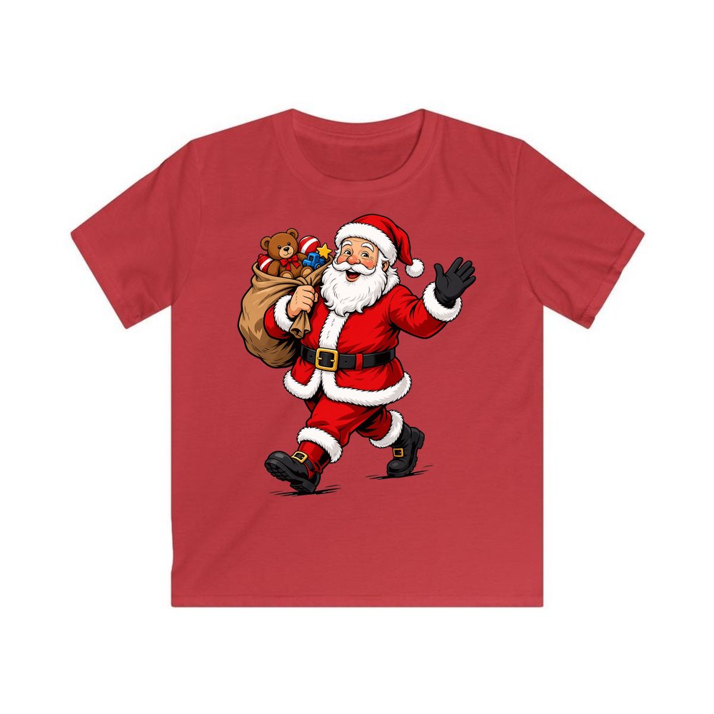 Santa with His Toy Sack personalised kids Christmas tee in red