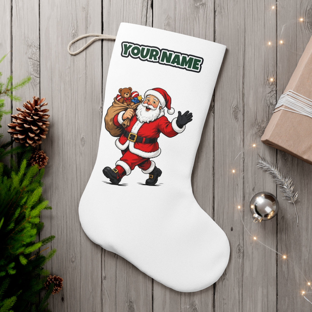 Santa with His Toy Sack personalised Christmas stocking, white, with the name across the top