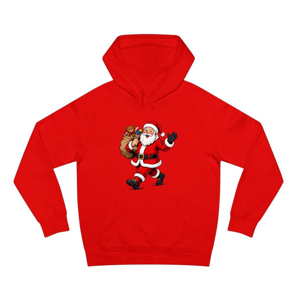 Santa with His Toy Sack personalised Christmas hoodie in red