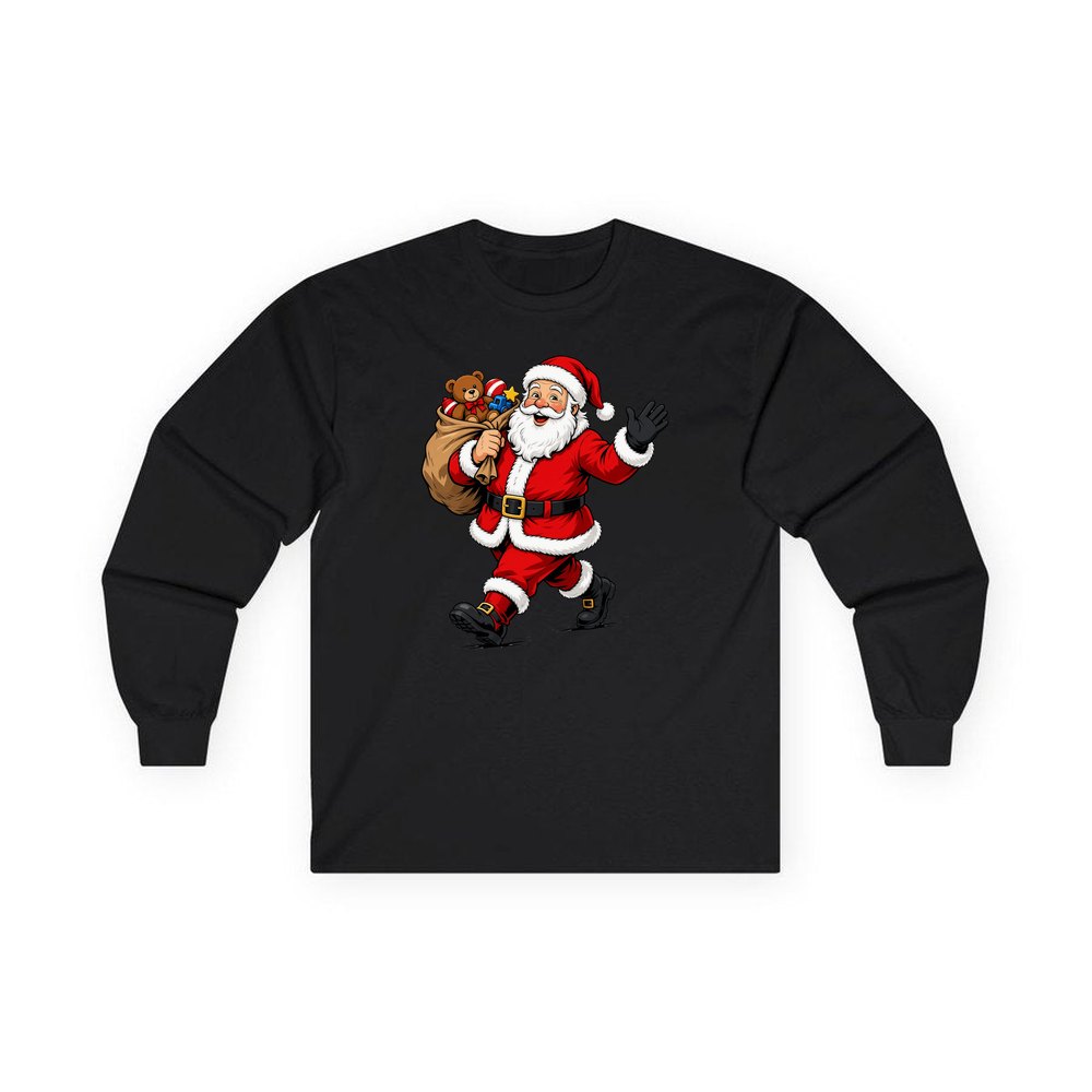 Santa with His Toy Sack personalised long sleeve Christmas T-shirt in black