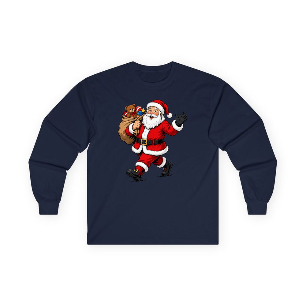 Santa with His Toy Sack personalised long sleeve Christmas T-shirt in navy