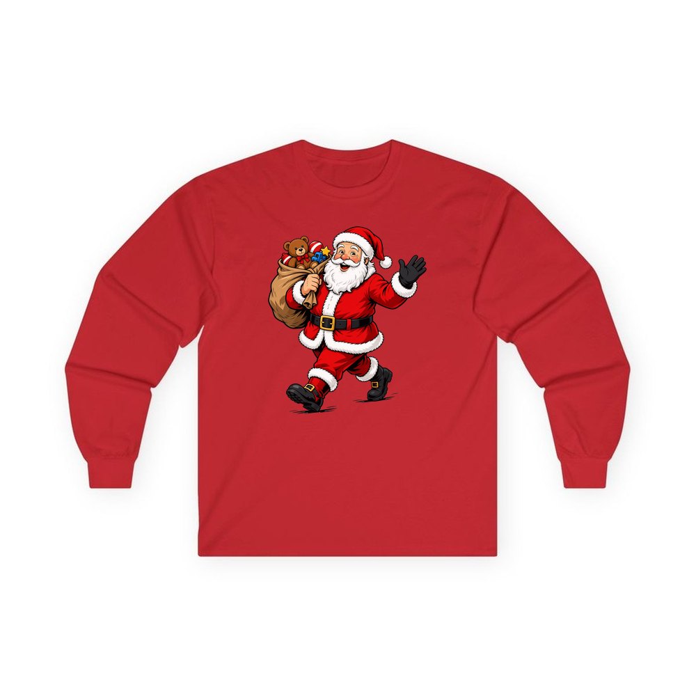Santa with His Toy Sack personalised long sleeve Christmas T-shirt in red