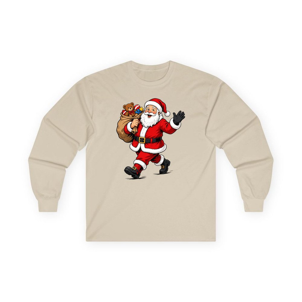 Santa with His Toy Sack personalised long sleeve Christmas T-shirt in sand