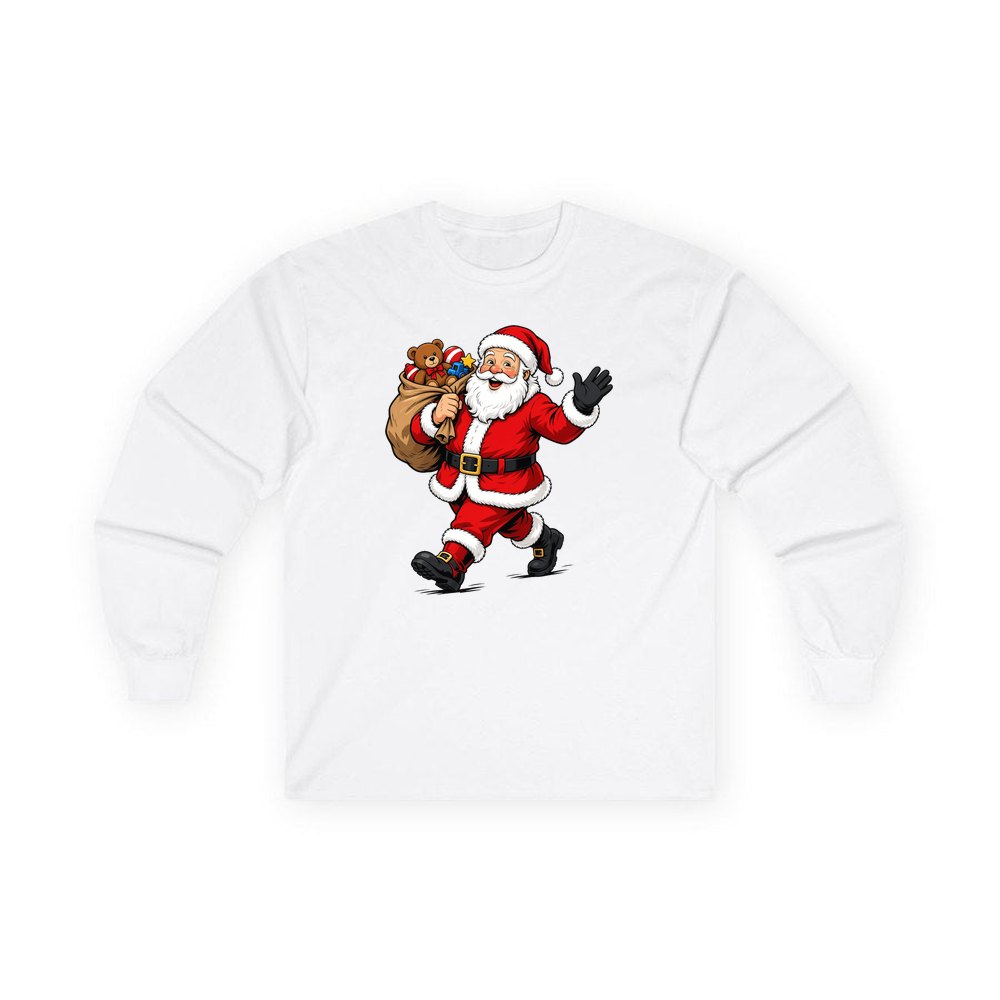 Santa with His Toy Sack personalised long sleeve Christmas T-shirt in white