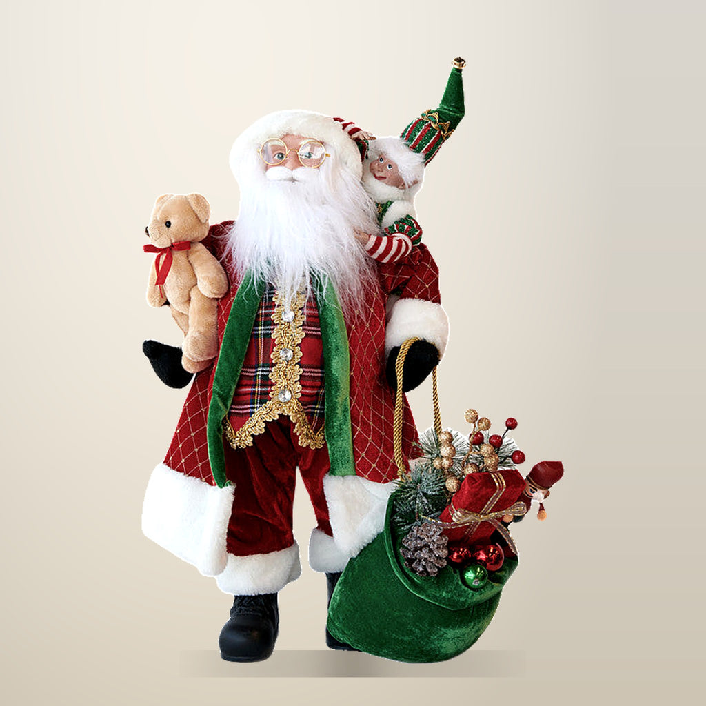 Santa with Teddy Bear and Elf Figure, 61 cm, on a plain cream background