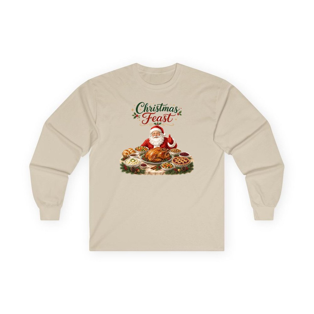 Santa's Christmas Feast personalised long sleeve Christmas T-shirt in sand