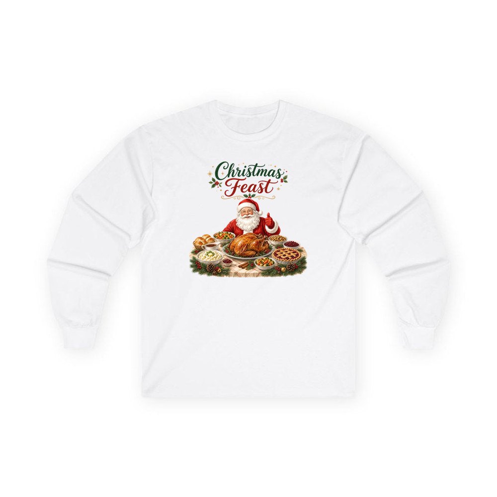 Santa's Christmas Feast personalised long sleeve Christmas T-shirt in white