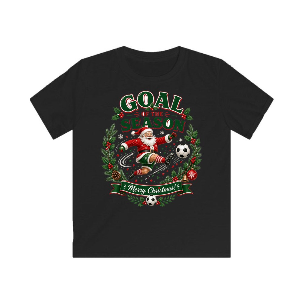 Santa's Goal Of The Season personalised kids Christmas tee in black